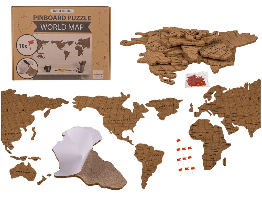 Nástěnka, mapa světa Puzzle, vyrobená z korku