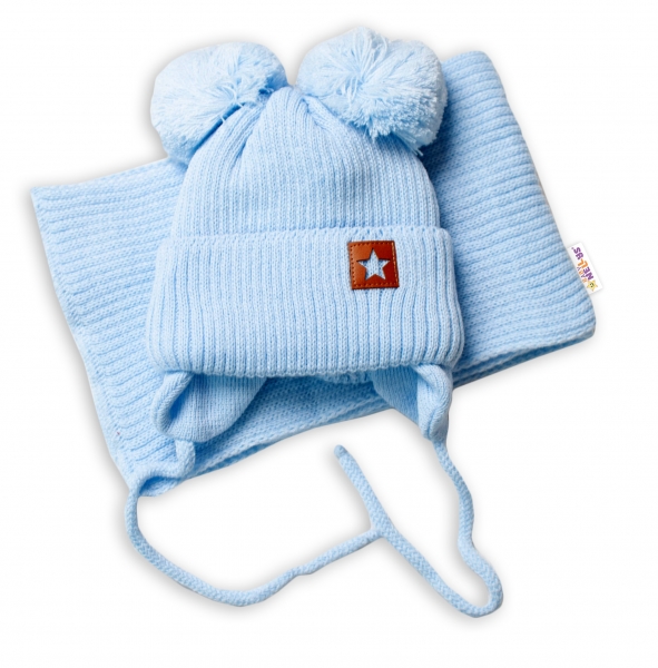 BABY NELLYS Zimní čepice s šálou STAR - modrá s