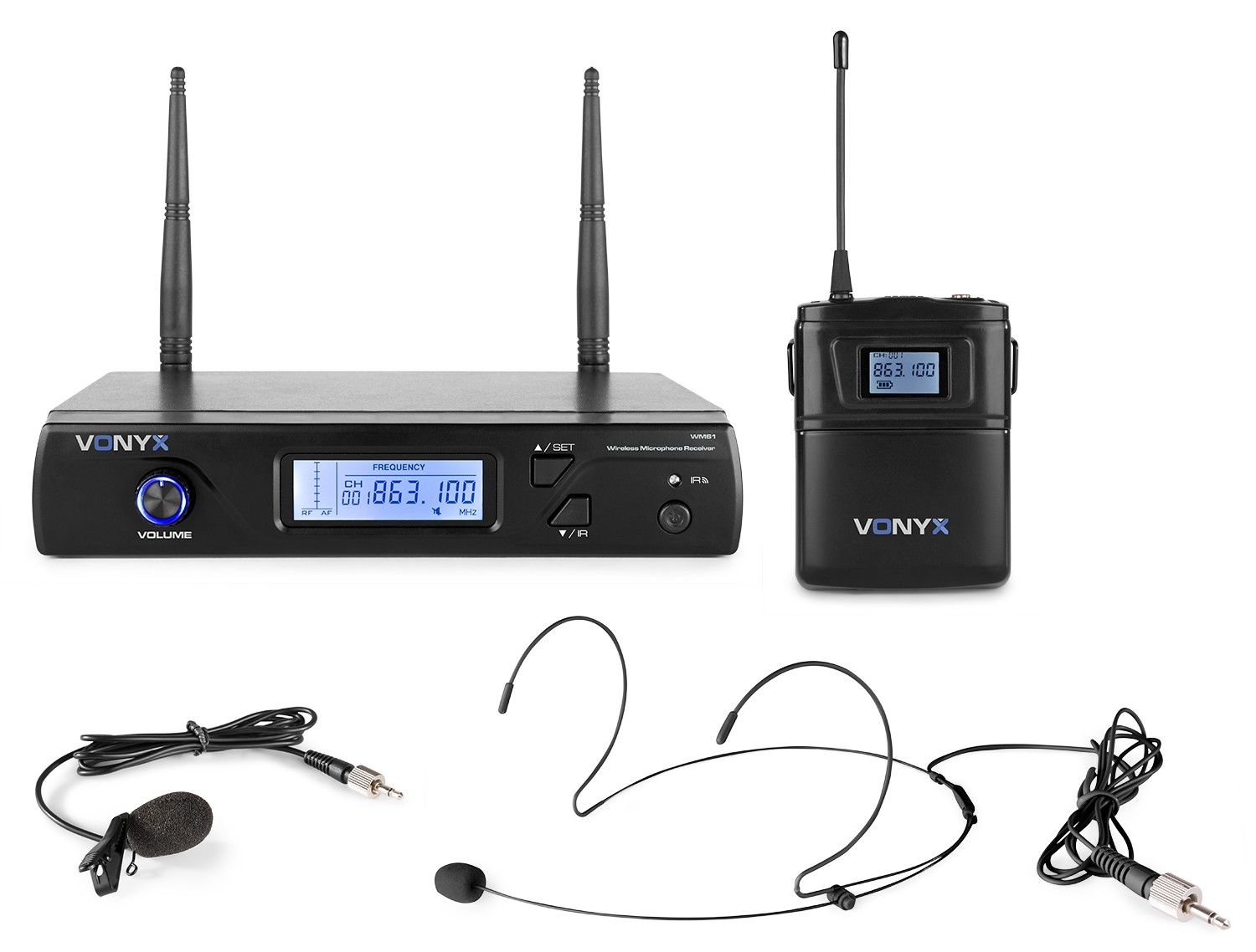 Vonyx WM61B, UHF mikrofonní set 1 kanálový, 1x náhlavní/klopový mikrofon