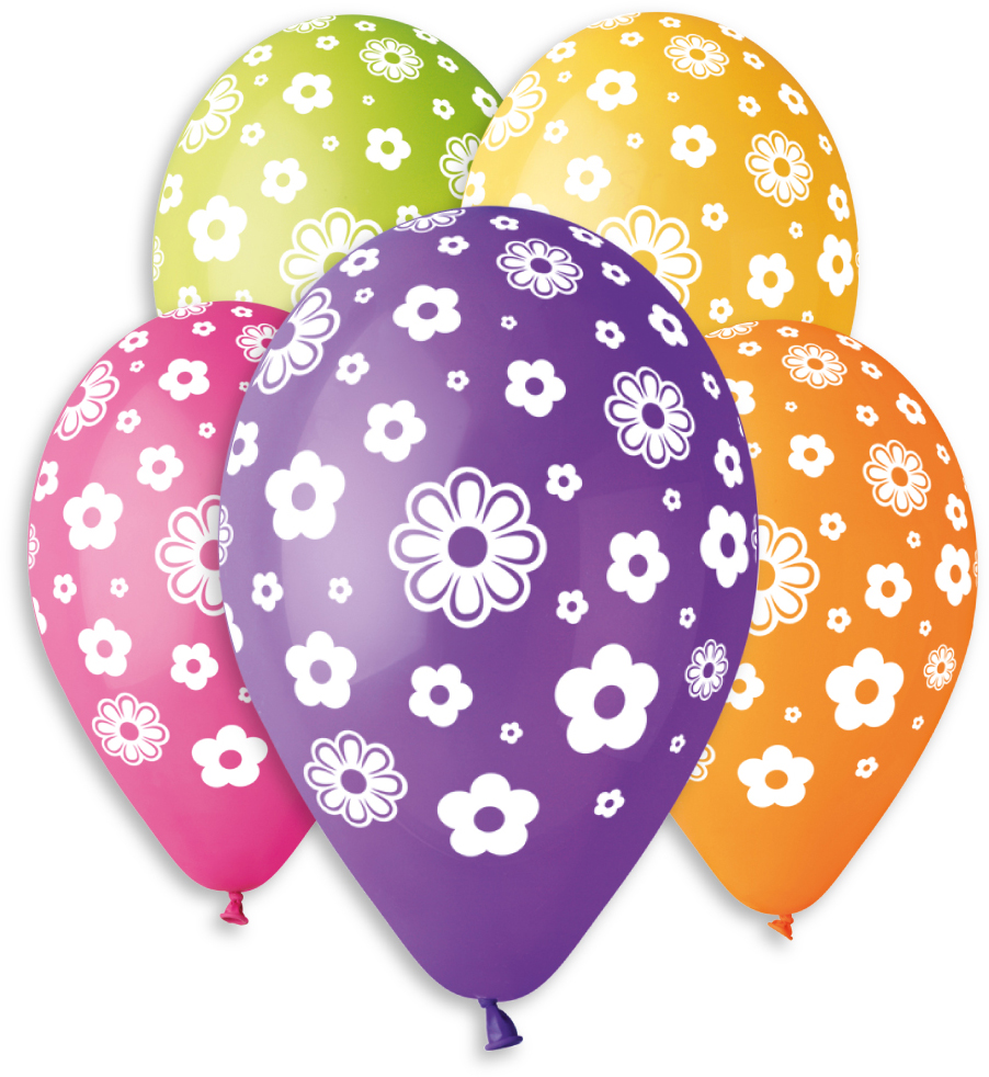 GEMAR Balónek nafukovací 30cm potisk KVĚTINY set 5ks různé barvy v sáčku