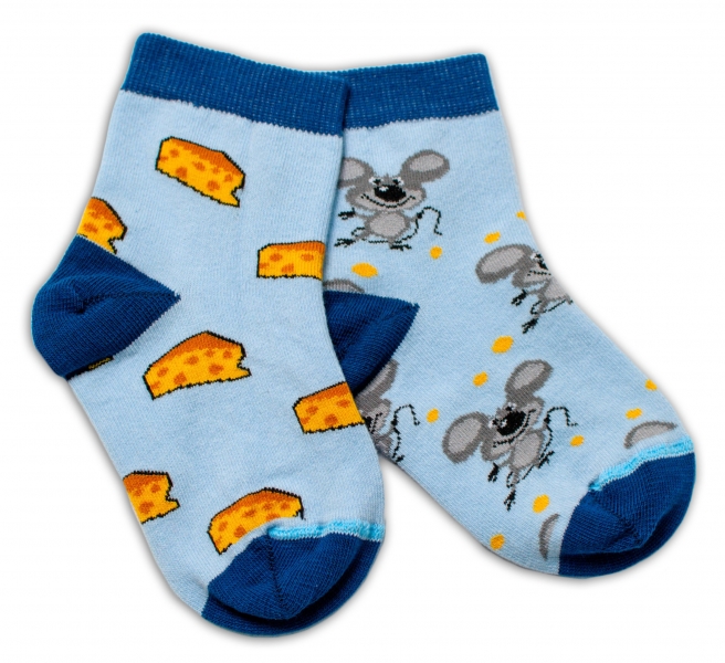 Baby Nellys Bavlněné veselé ponožky Myška a sýr - světle modré, vel. 122/128 - 122-128 (6-8r)