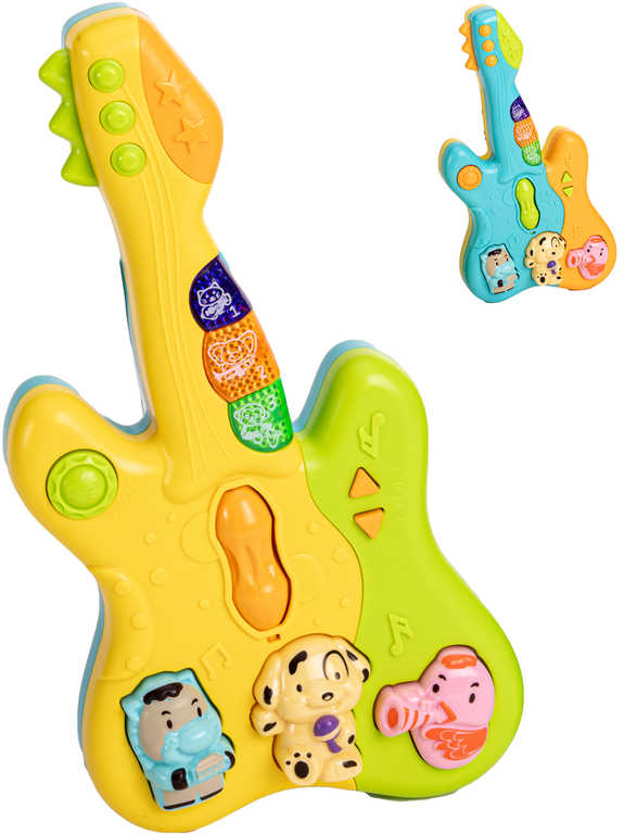 PL Baby kytara dětská barevná 22cm se zvířátky na baterie Světlo Zvuk plast