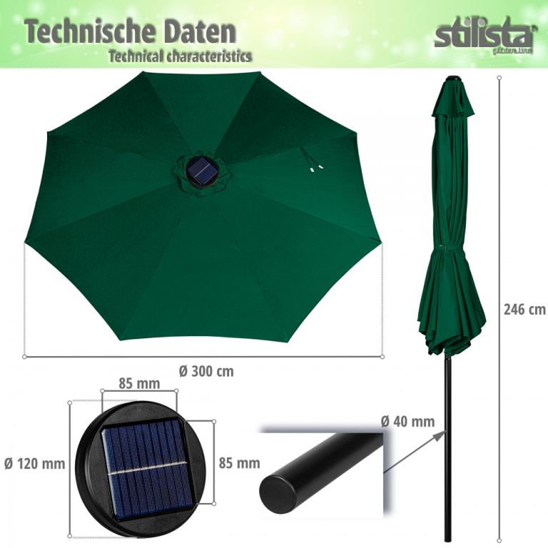 STILISTA Sklopný slunečník s kličkou 3 m, zelený, LED