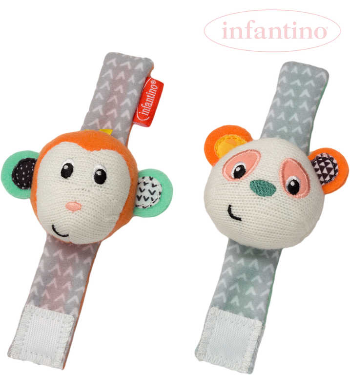 INFANTINO Baby Chrastítko textilní na ruku set 2ks opička a panda pro miminko